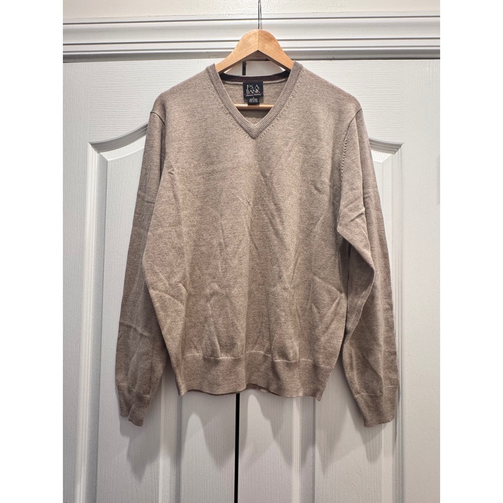 Jos A Bank Signature Mens Taupe 100% Italian Merino Wool V-Neck Sweater